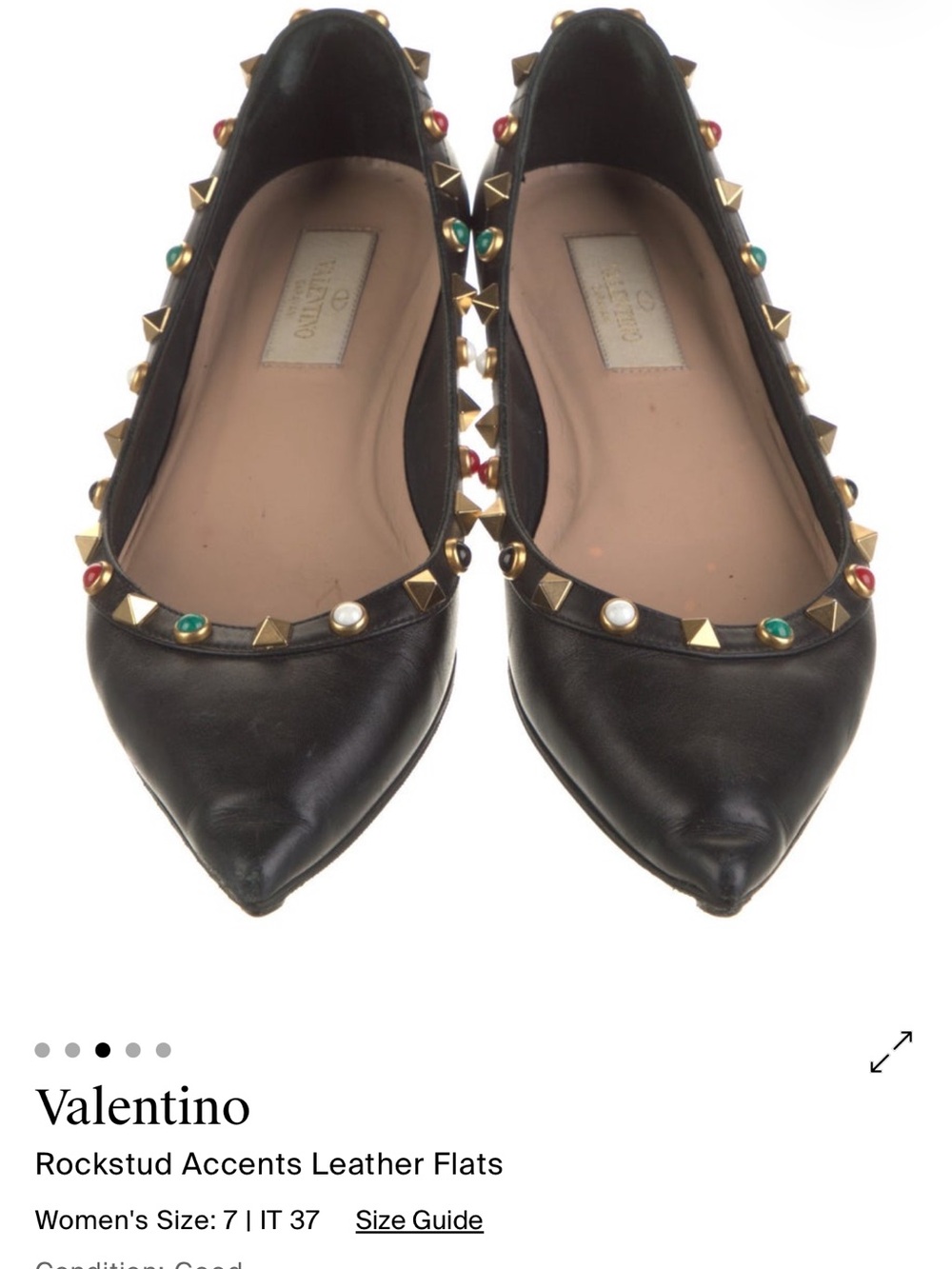 Valentino Black Leather Pointed Flats with Multicolor Studs - size 7